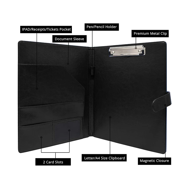 Black A4 Custom Leather Padfolios Folder Portfolio Document Holder Compendium File Organizer Folder