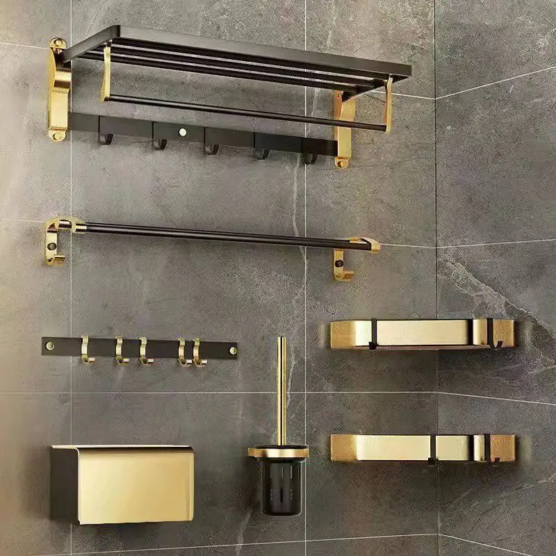 Aluminum Folding Storage Rack Hardware Accessories Set black and gold Towel Rack Shelf bathroom hardware set