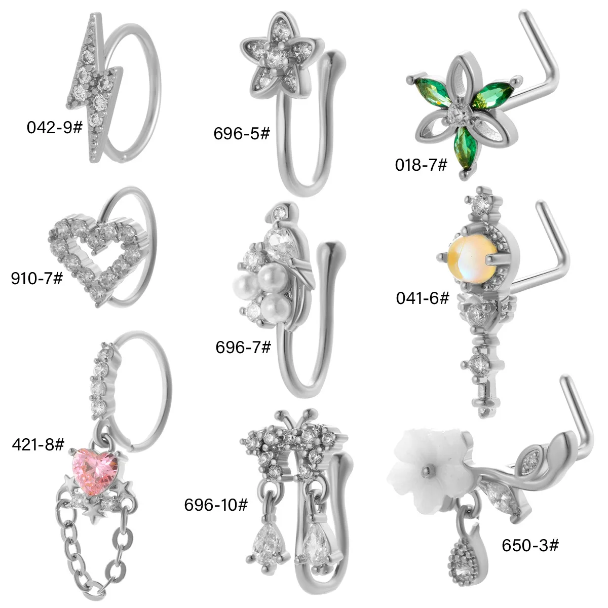 YW Hot Sale L Shaped CZ Stone Heart Flower Shiny Body Piercing Jewelry for Women Gold Plated Stainless Steel Nose Rings Stud