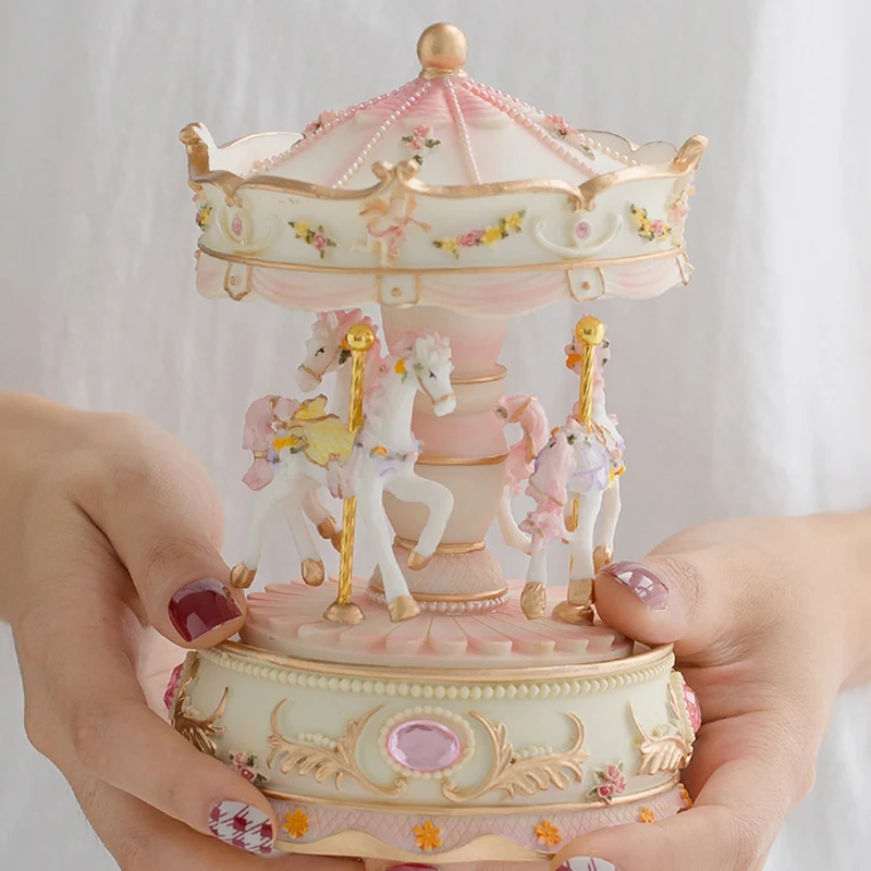 Popular Polyresin Decoration Merry-go-round Pink Birthday Christmas Gift Music Box