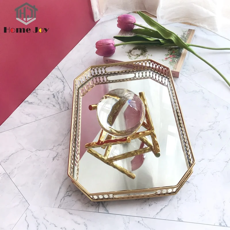 Luxury gold metal interior household home decor accessories artifacts modern desk ornaments rectangle food tea serving tray