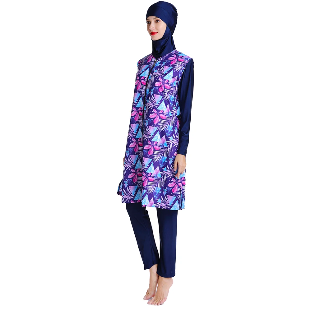 Stylish Modest Swimwear Set for Muslim Women New Patterned Burkini with Long Waterproof Robe