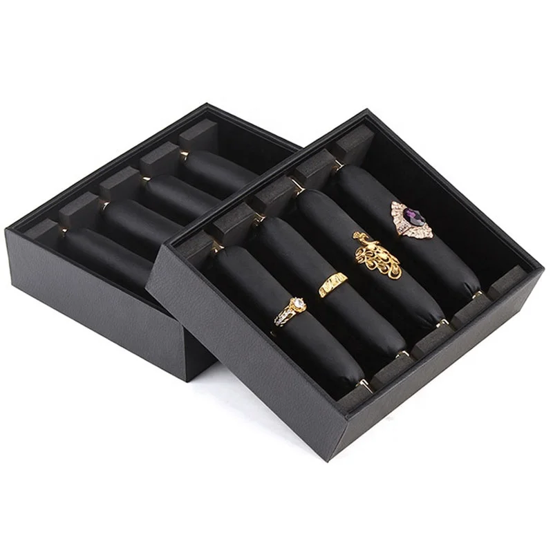 Luxury Charms Black Leather Trinket Window Ssquare Display Ring Jewelry Tray Case With Lids Jewelry Display