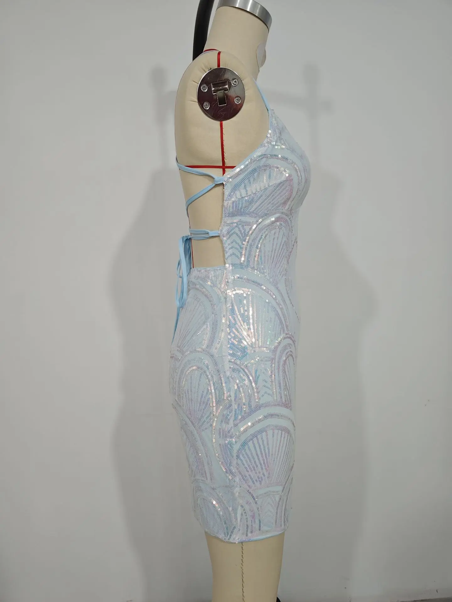 Light blue sleeveless sequined Sexy dress pattern open back fitted short prom party mini dresses women ladies