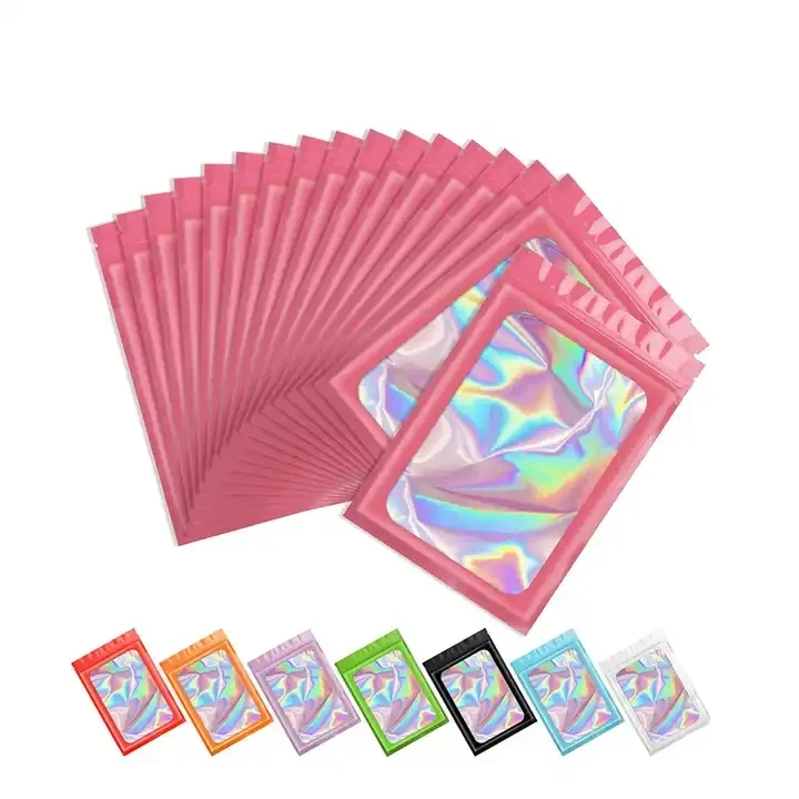 Resealable zipper smell proof food grade aluminum foil sachet black  holographic small pink custom logo mylar bags with window