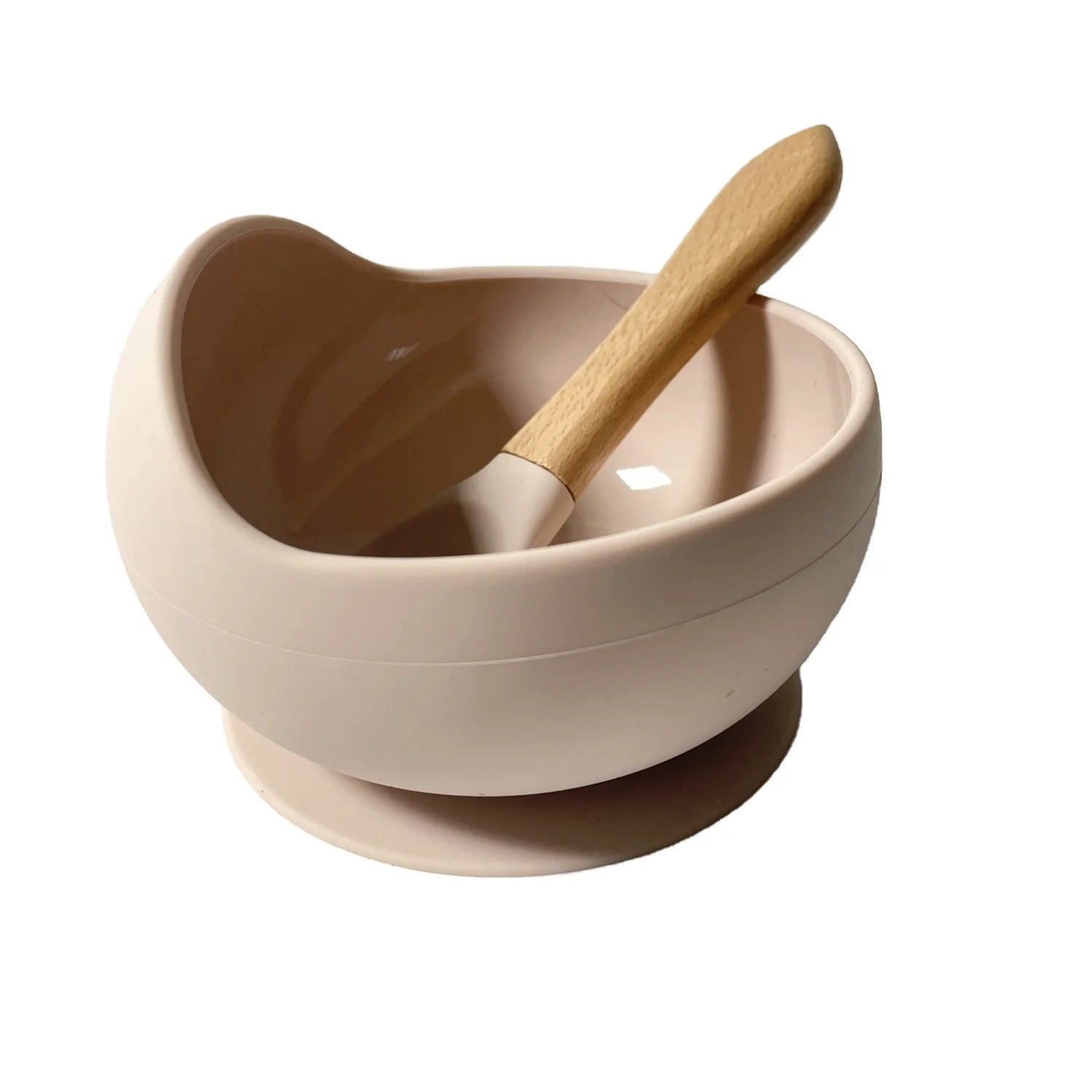 Custom High Quality Food Grade Suction cup design Silicone Baby Snail Bowl with wood handle spoon and fork