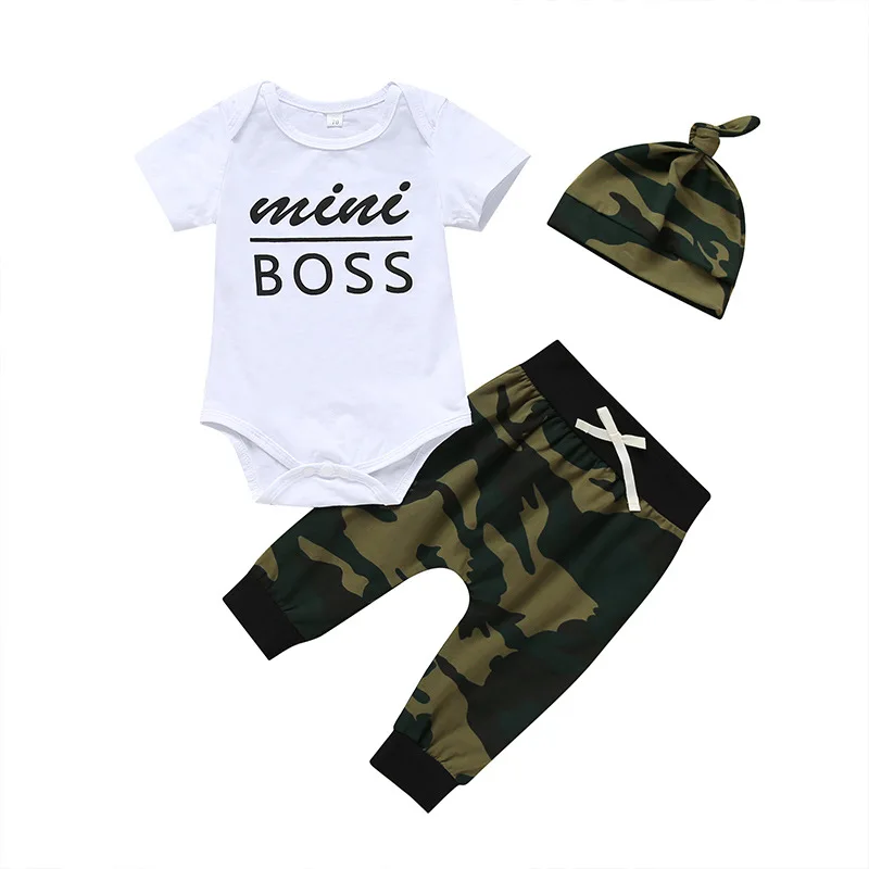 
Summer Letters Cotton Pants and Short Sleeves Three-piece Baby Boys Romper Set 
