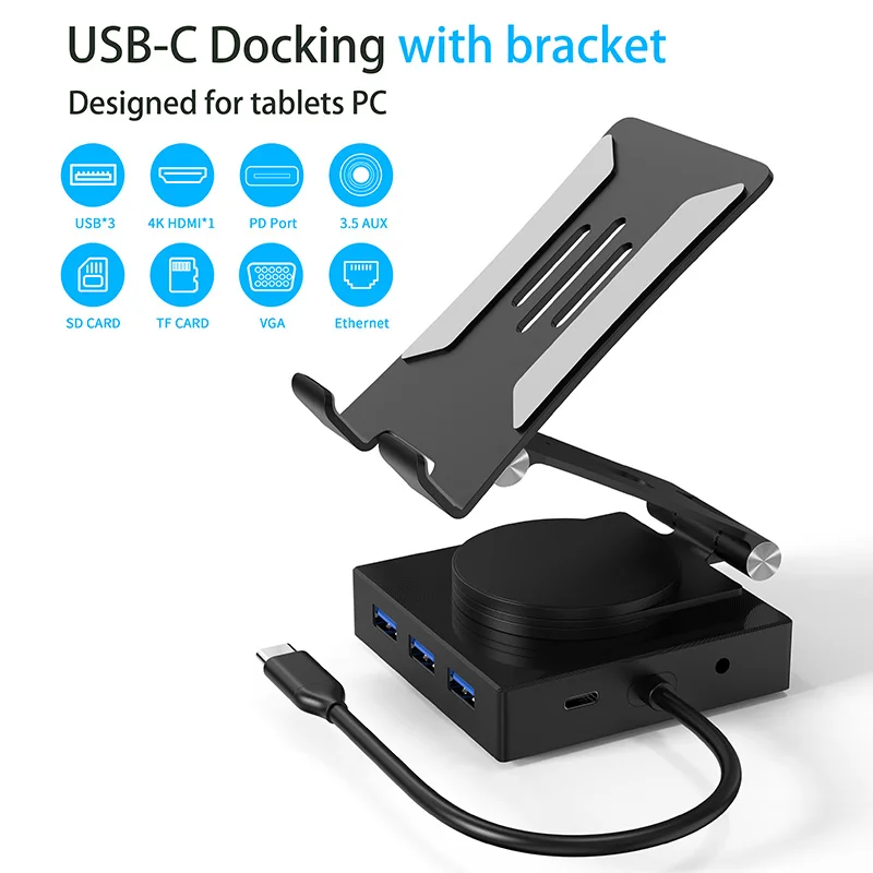 Оптовая Продажа Складная 360 Вращающаяся подставка для ноутбука HDTV VGA RJ45 Type-C сплиттер адаптер планшета USB C концентратор док-станция