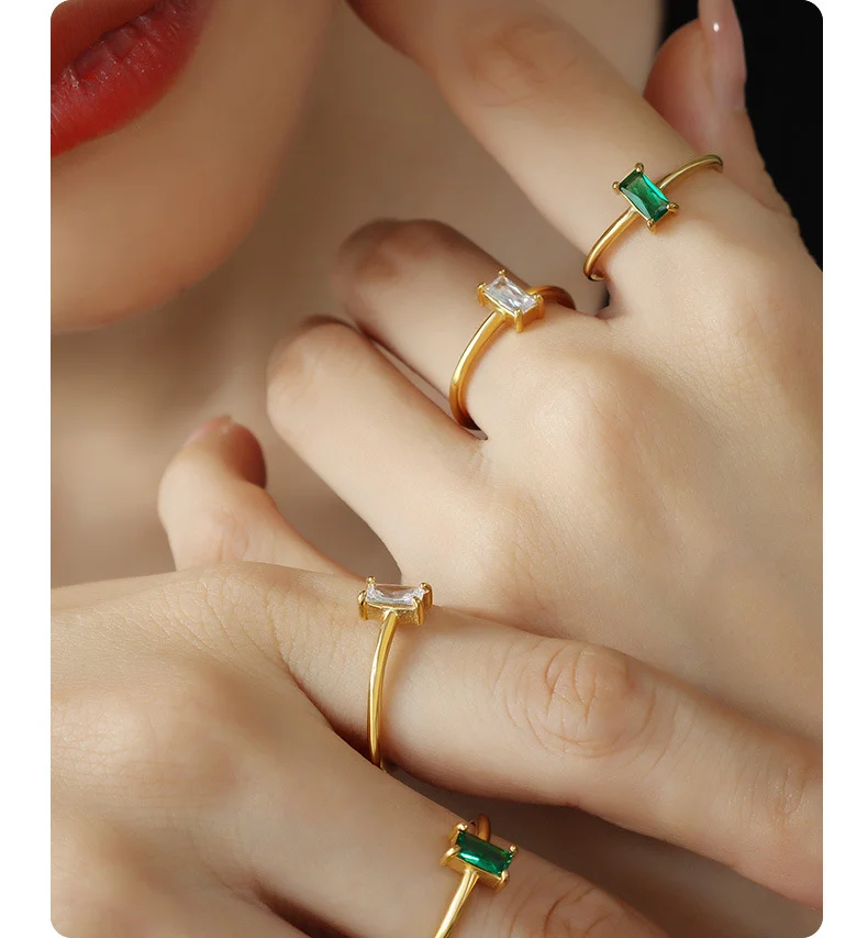 Fashion jewelry High Quality 18k Gold Plated Stainless Steel green White Zircon Finger Ring For Women