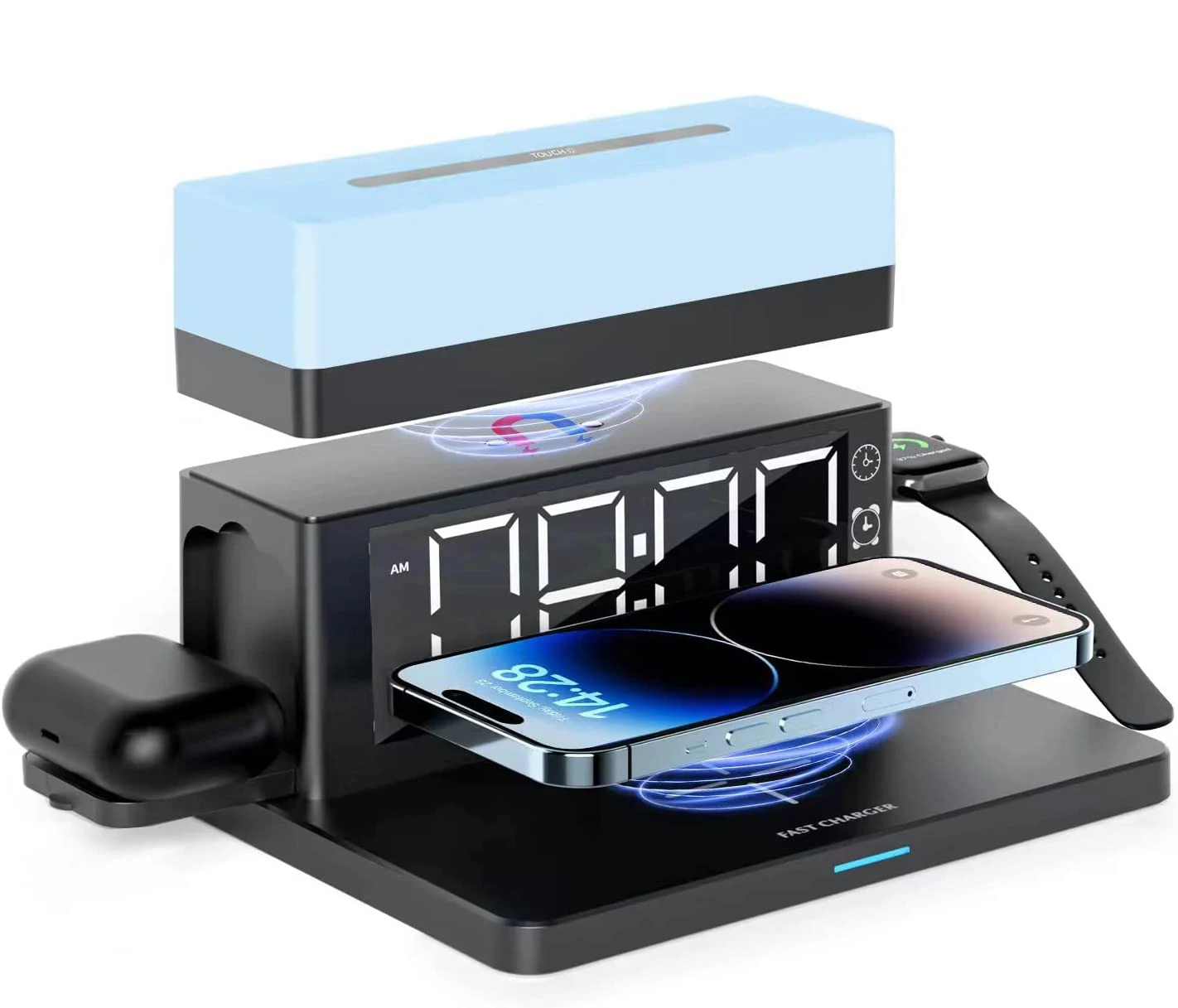 6 in 1 Wireless Charging Station with Digital Alarm Clock & Night Light For Airpods Pro 15W Qi Fast Charging For iPhone