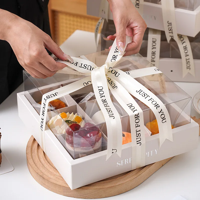 IMEE Personalized Fancy 9' French Style 9 Compartments Clear Top Square Afternoon Tea Divided Dessert Gift Box for Party Picnic