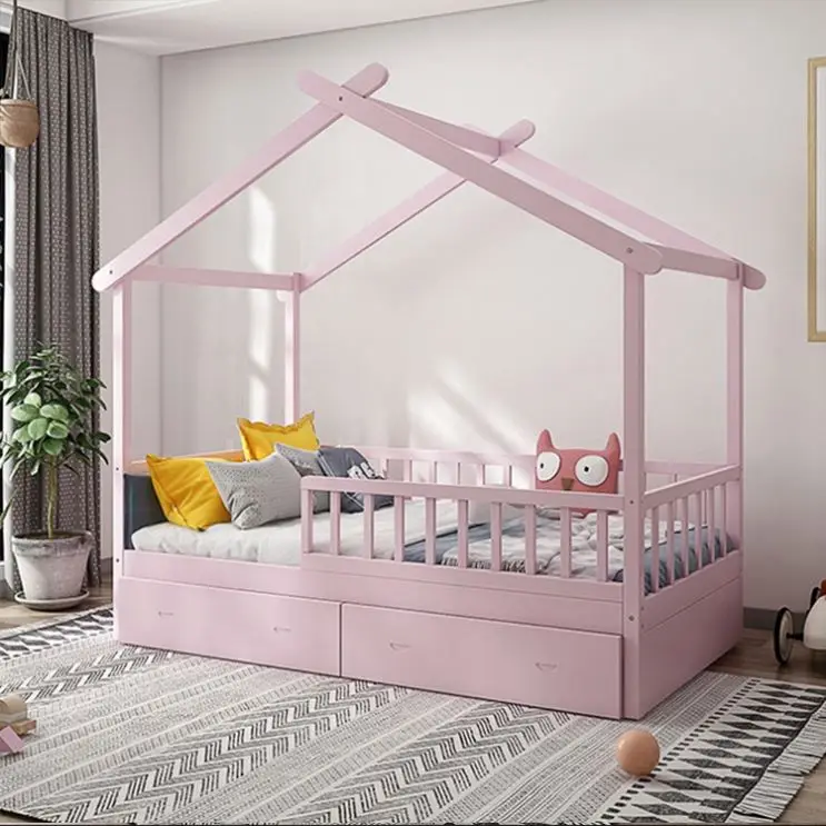 Twin size house-shaped platform wooden frame kids bunk bed pine wood house double bed for kids