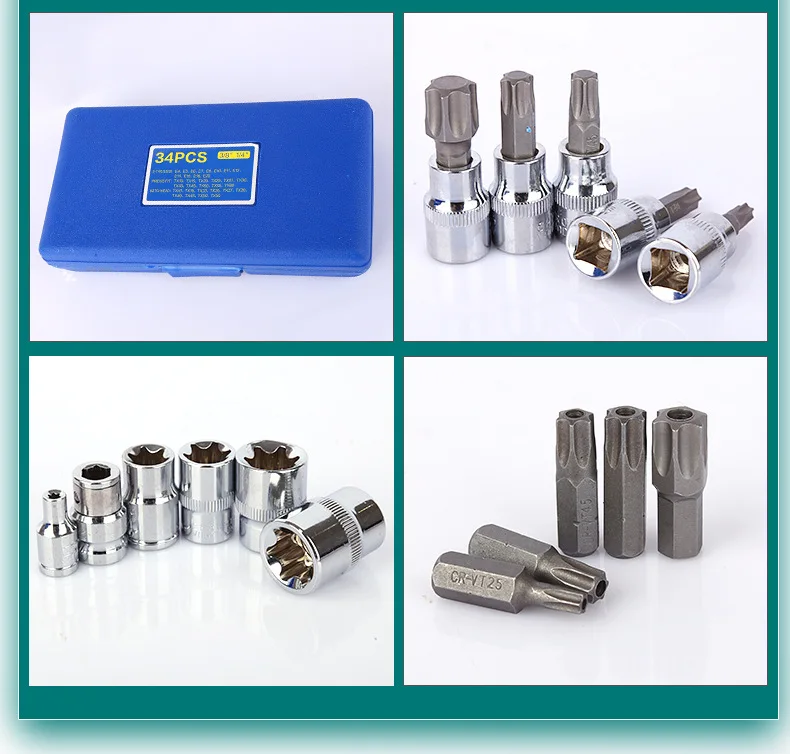 Automotive Mechanic Tools 34Pcs E-Torx Sockets Bit Set 3/8' 5/16' Drive Kit With Storage Case Car Repair Tool Box