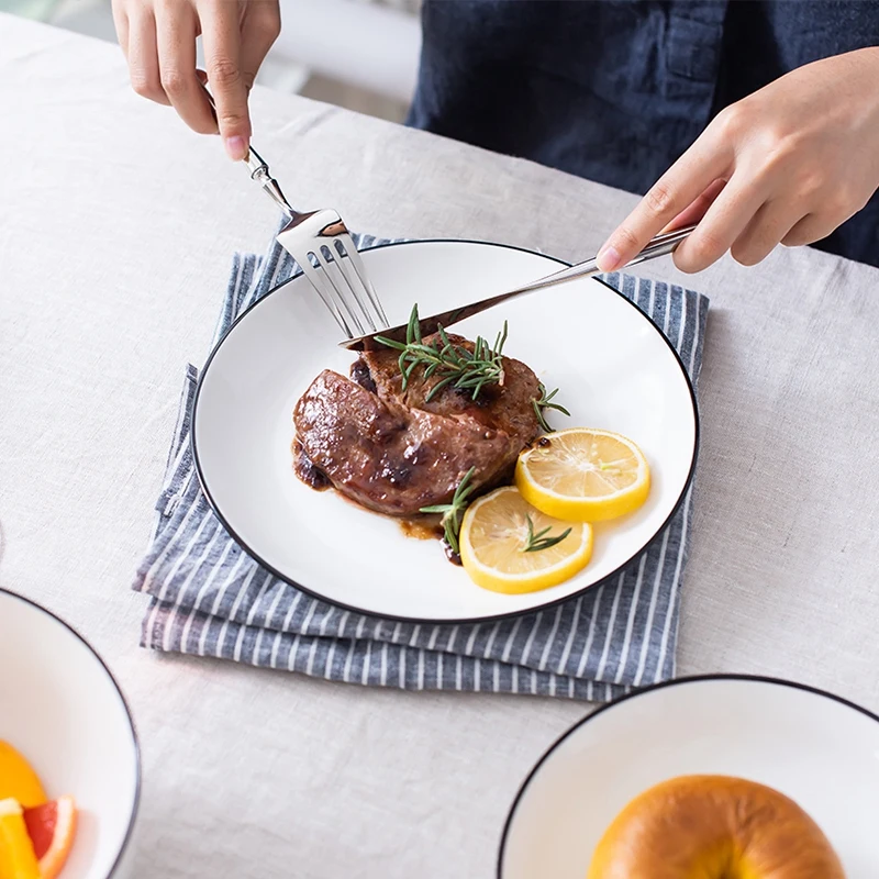 High Quality White Ceramic Plates With Black Rim Plates And Bowl Dinnerware Set For Restaurant