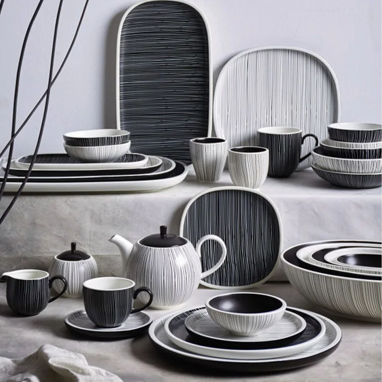Unique Round Square Shape Porcelain Dinner Plate Set Dinnerware White Black Stripe Handpainted Ceramic Catering Dishes Plates