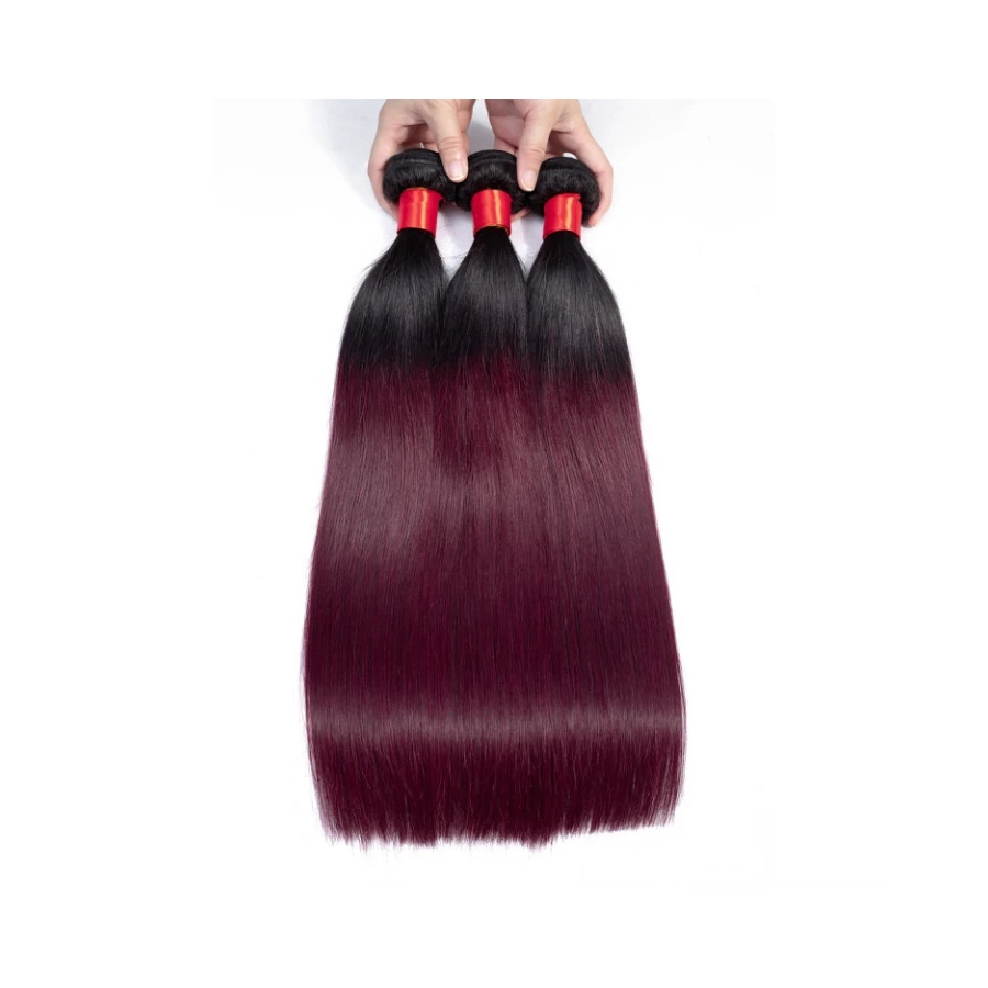 Factory Supply 100% Human Hair Dyed Wine Red Color 99J# Straight 18/28 Inch Hair Extensions Bundles for Women