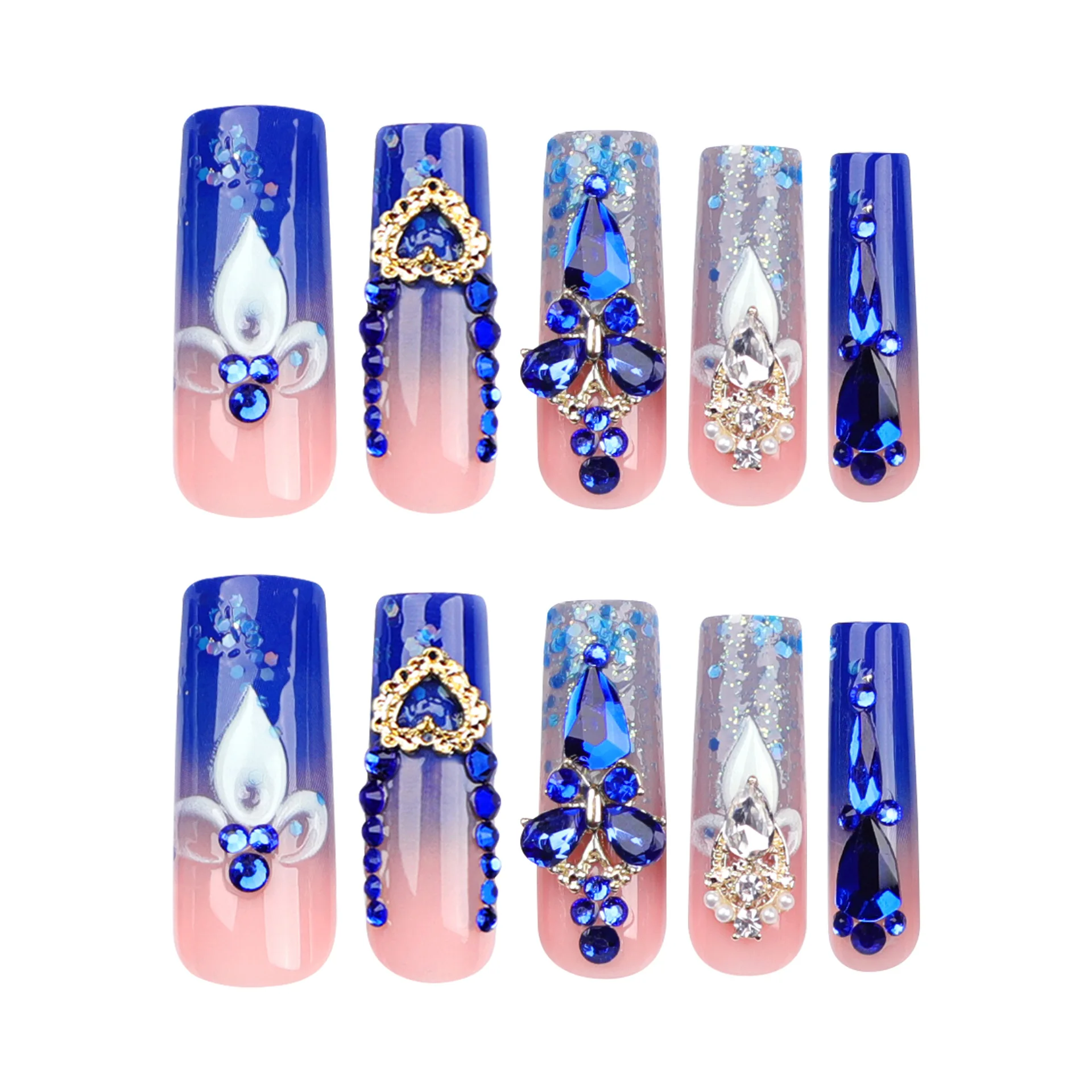 C450 SAFENG 24pcs French Sparkling Diamond Press On Nails Blue Bling Long Square Artificial Fingernails False Nails
