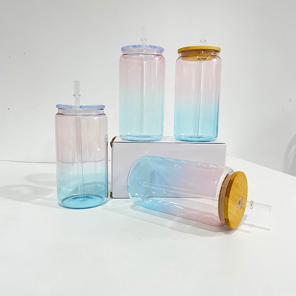 USA warehouse blank sublimation ombre jelly crystal ocean 16oz Beer Can Glass Cups with clear straws for UV DTF wraps