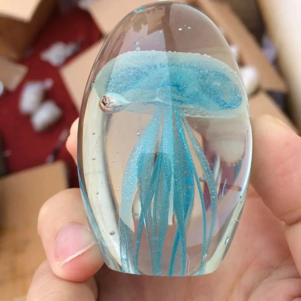 Blown Glass Jellyfish Figurines Collectibles Handmade Art Sea Animal Decor Paperweight Novelty Creative Home Decoration