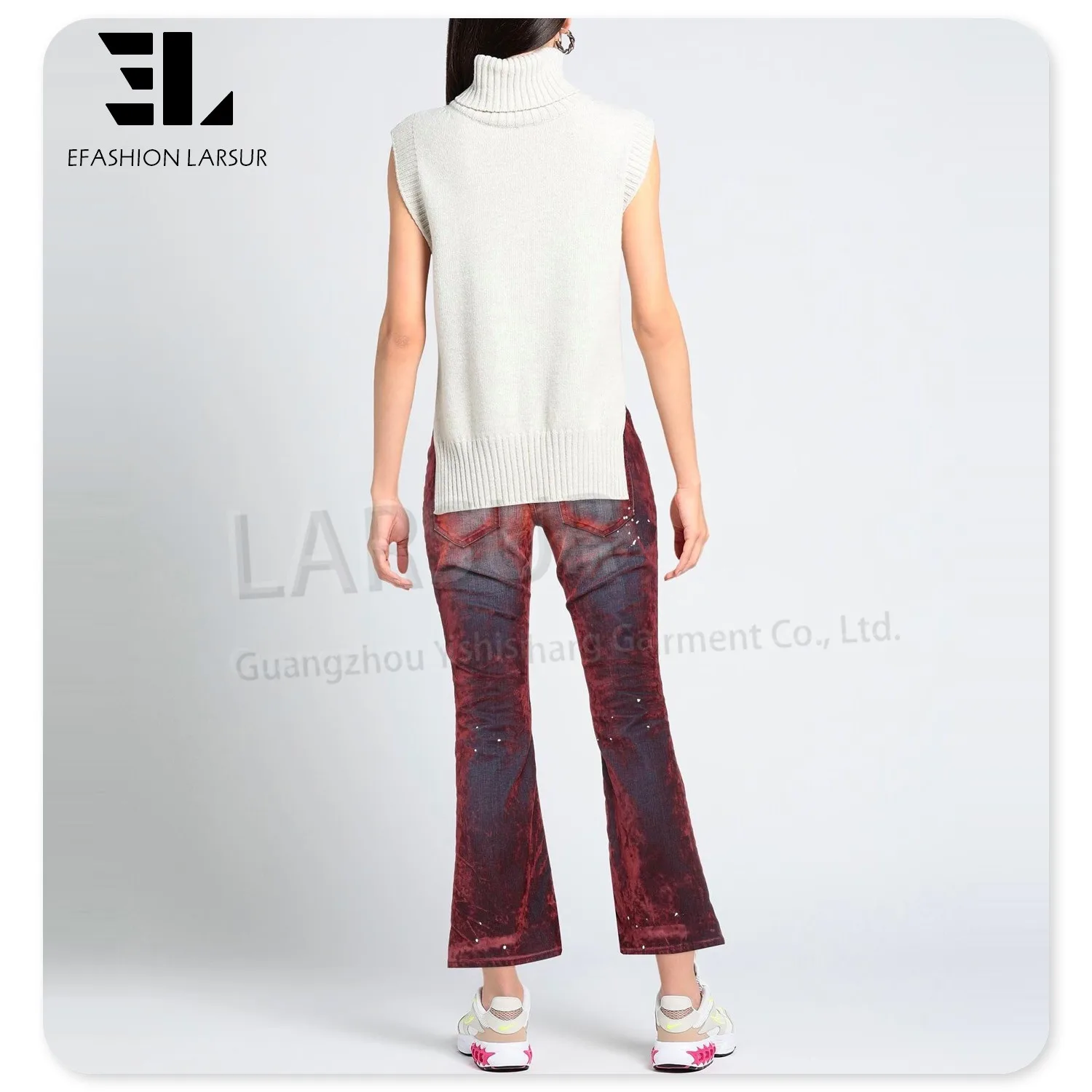 LARSUR Custom Factory Womens Distressed Dye Faded Wash Elastane Velvet Denim Pants Casual Bootcut Flocking Suede Jeans Ladies