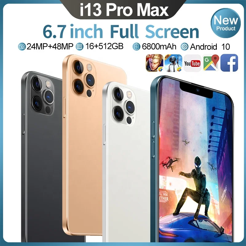 Смартфон i13 Pro Max + 6 7 дюйма 16 512 ГБ Android 10 ядер 5G LET phone 3 камера MTK6889 распознавание лица разблокированный мобильный телефон