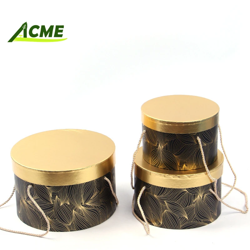 Wholesale custom stock supplier luxury round hot stamping pattern hard cardboard gift flower boxes for packaging