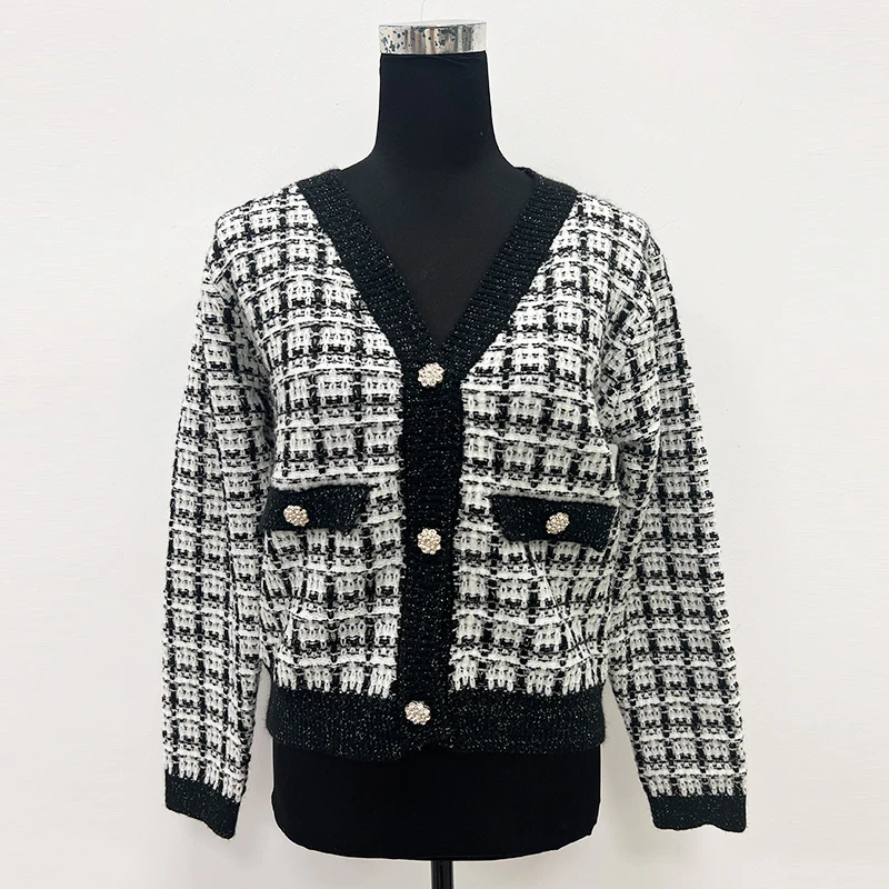 Manufacturers custom small fragrant wind girl sweater Korean commuter girl knitwear Tipped metallic boucle style girl cardigan