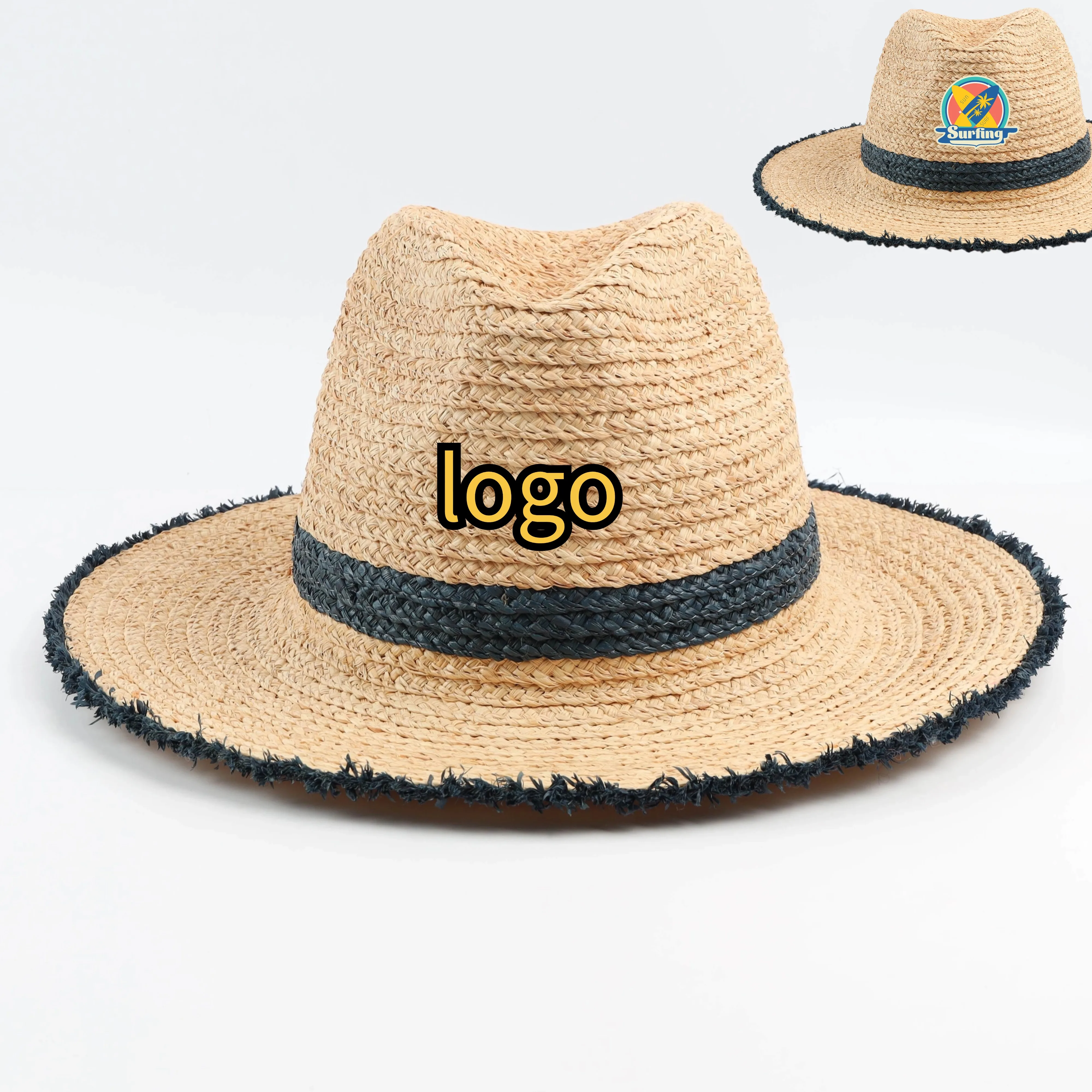 CUSTOM LOGO 100 natural raffia sun shade hat women summer beach sun sombreros panama fedora straw hat straw hat girl for logo