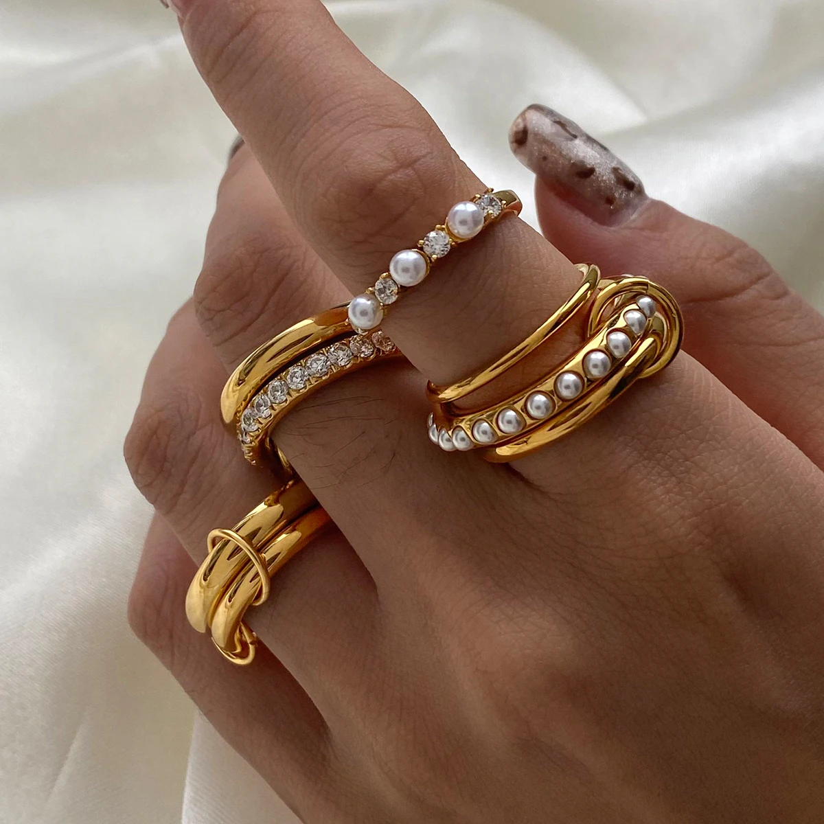 J&D Luxury 18K Gold Plated Stainless Steel  Rings Women Jewelry Irregular Wave Double Finger Rings Sets