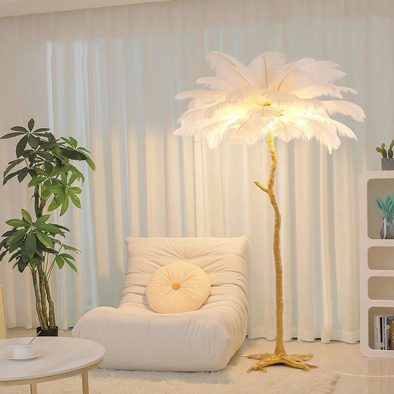 Modern Led Lighting Ostrich Feather Home Hotel Decorative Palm Tree Copper Nordic Camel Floor Stand Light Lamp