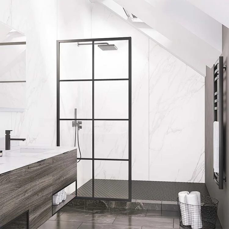 Seawin modern hotel bathroom silk print black lines or grids tempered glass with SGCC  framed fixed panel shower door