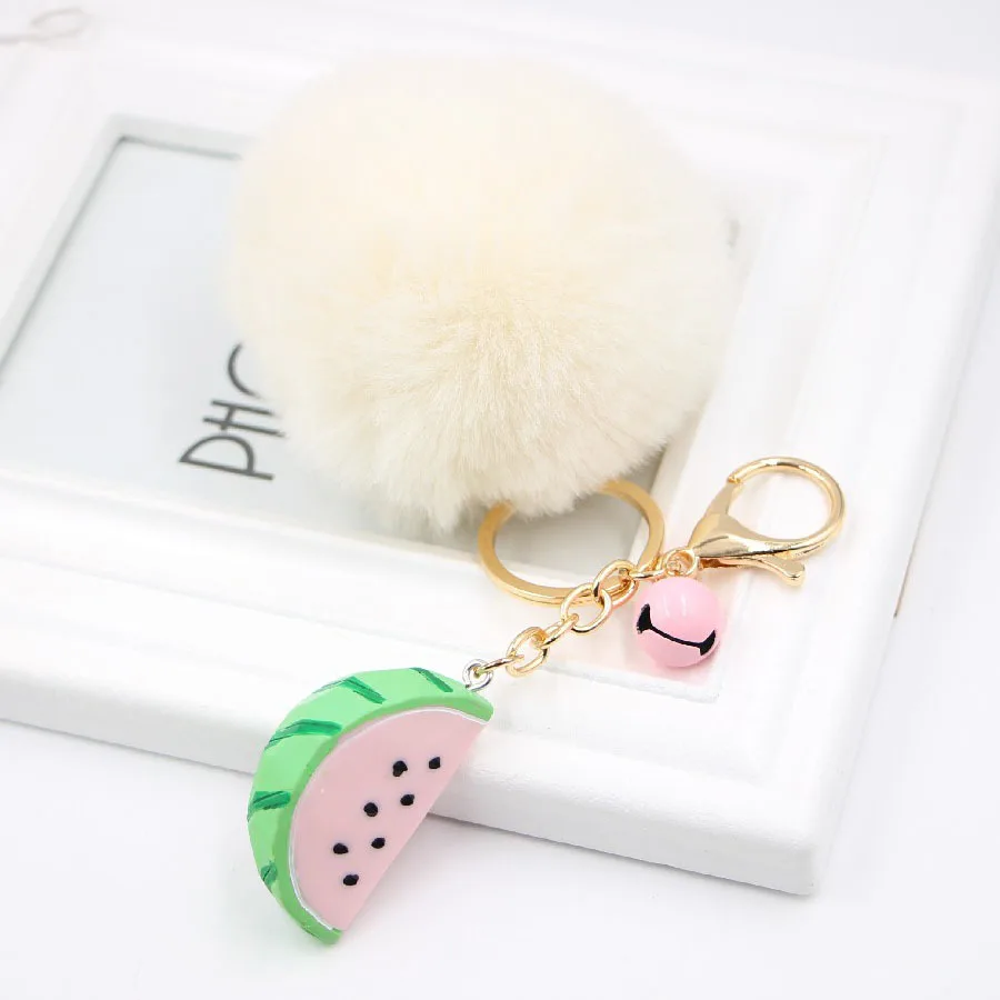 Kawaii pom Pom Key chains Fake Rabbit fur ball key chains pompoms de fourrure fluffy Bag Charm Pendant decor watermelon keychain