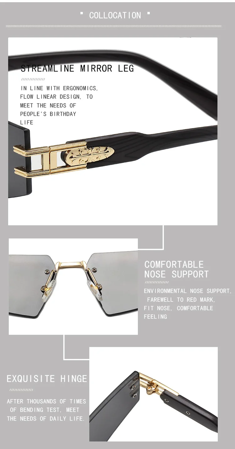 High quality Polygonal retro wood grain durable metal hinge silicone nose pad fashion UV400 frameless sunglasses for men women