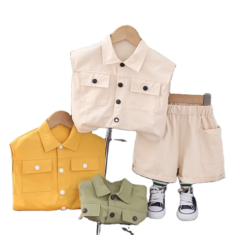 Летняя Одежда для мальчиков, жилет без рукавов, детская одежда, однотонная рабочая одежда, повседневная одежда, Детский комплект из двух предметов