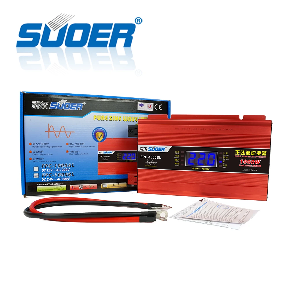 Suoer High efficiency 12v 24v DC to AC 220v Power Inverter 300w 500w 1000W 1500W 2000W Pure Sine Wave Inverter