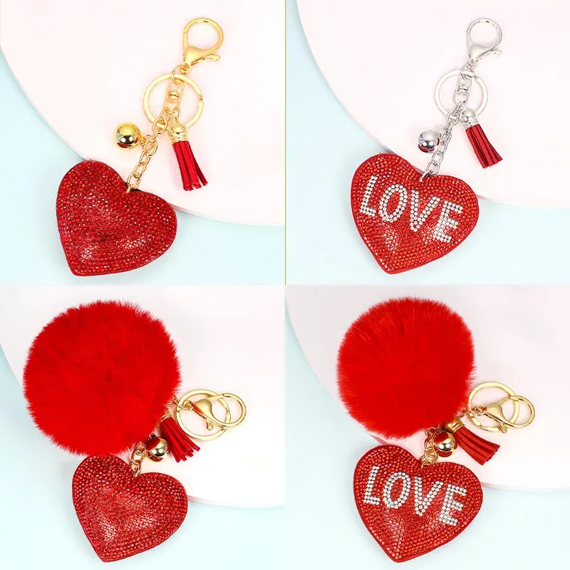 Custom Tassel Pendant Key Chain Korean Velvet Love Heart Shaped Diamond Keychains Pom Pom For Women