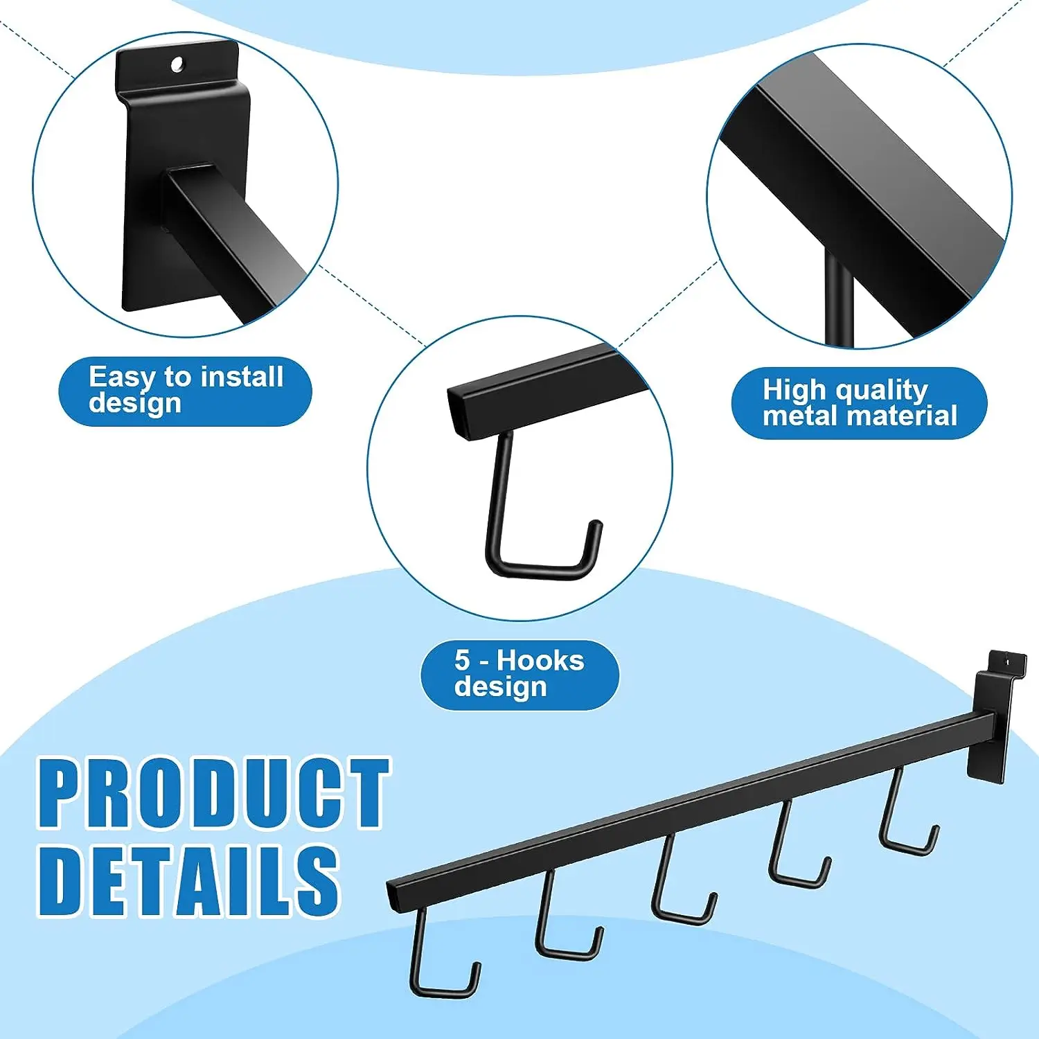 Rectangular Tube Waterfall Slatwall Clothes Hanger Rack Grid Wall Accessories Display with 5 Hooks