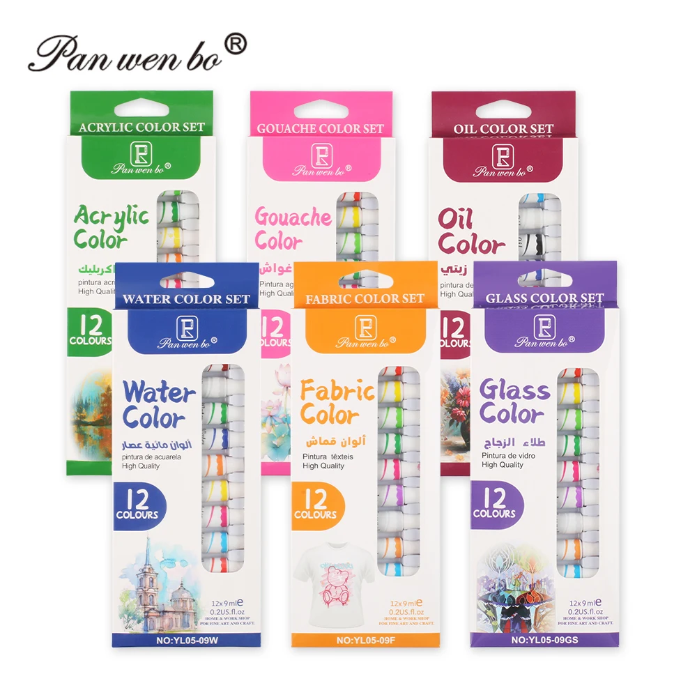 Panwenbo Wholesale 12 Colors 9ml Gouache Oil Paint Set For Watercolor Acrylic Gouache Oil Painting