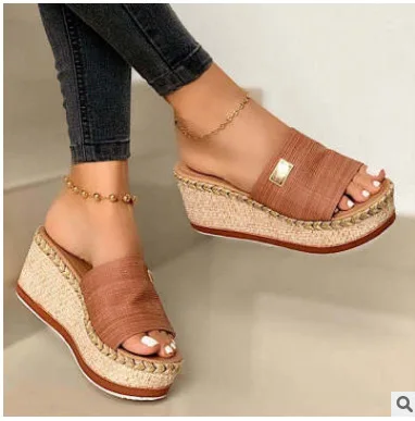 Women Shoes Beach Non Slip Thick Platform Slides Slippers New Clogs Increase Chunky Height Woven Wedges Sandals