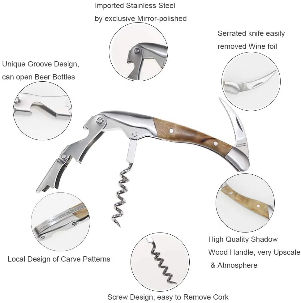 Professional Stainless Steel Corkscrew Rosewood Wooden Handle Waiters Corkscrew for Bartenders Gift Set