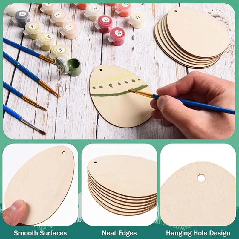 Wooden Egg Cutouts with Hole Unfinished Hanging Ornaments Blank Twine for DIY Crafts Gift Tags Spring Party Decoration
