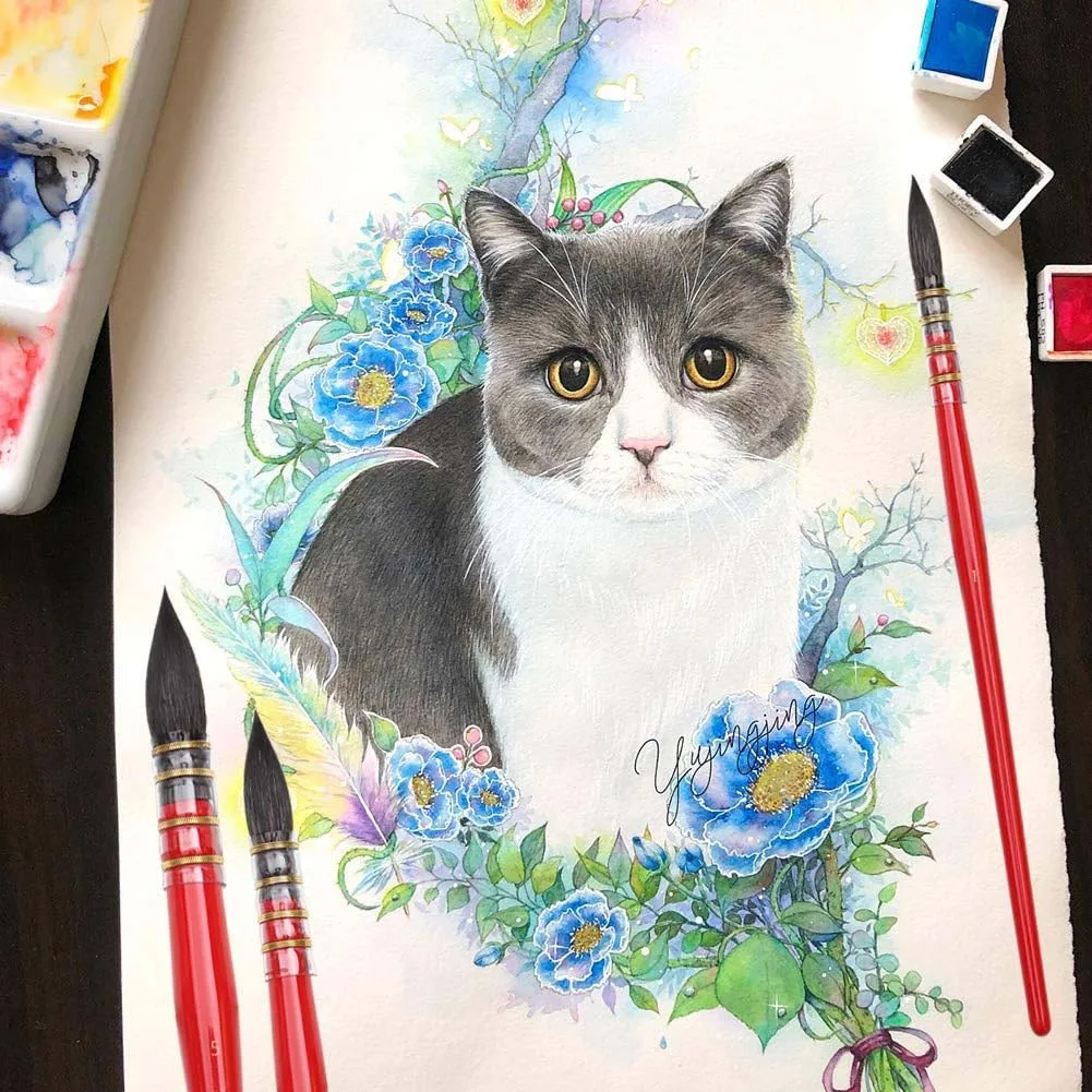 paint brush set 9 pcs red wooden handle Mop Round Squirrel Hair watercolor Paint Brush Set for Art Painting,