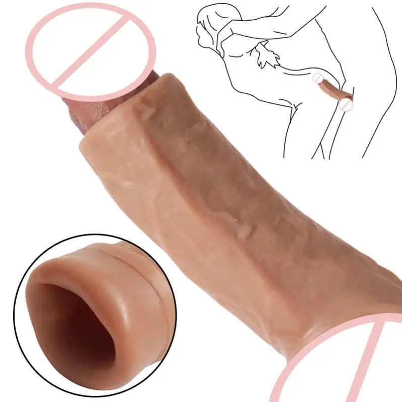 GFY Reusable Penis Sleeve Extender Realistic Penis Condom Silicone Extension Sex Toy For Men Cock Enlarger Funda Para