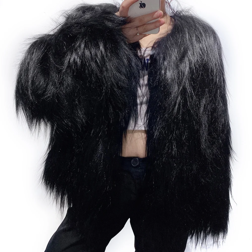 2024 Winter custom black fur coat natural straight long goat fur coat luxury goat fur coat