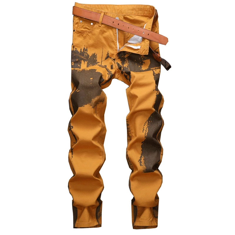 New Men Streetwear Hip hop printed Casual Straight Jeans Fashion Man Slim Punk Cotton motorcycle denim pants