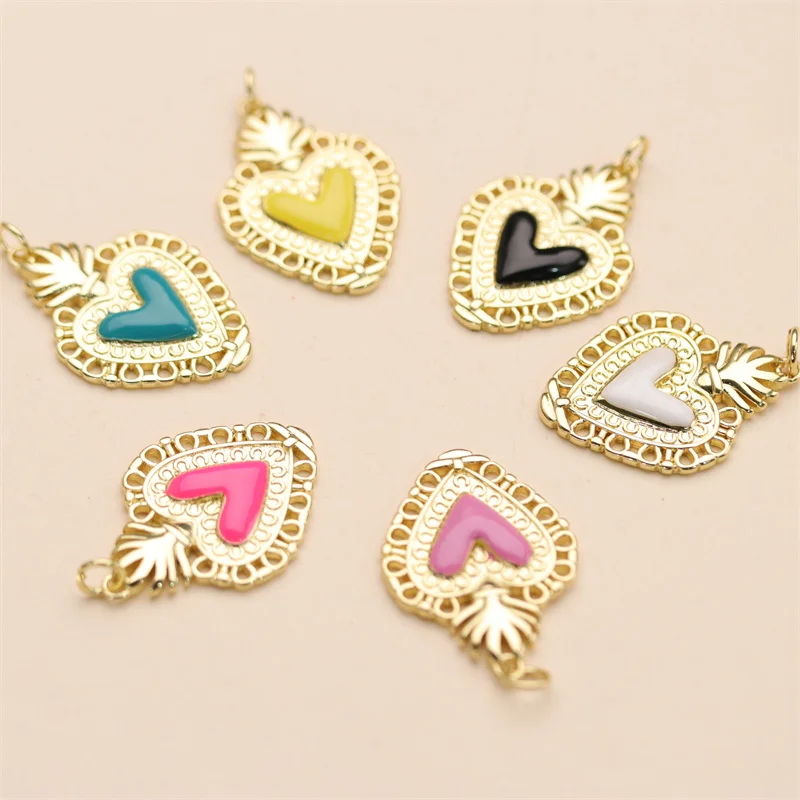 Enamel Colorful Heart Pendant Jewelry Making Necklace Bracelet Charm Accessories Diy Gold Plated Pendants For Teen Girl Women