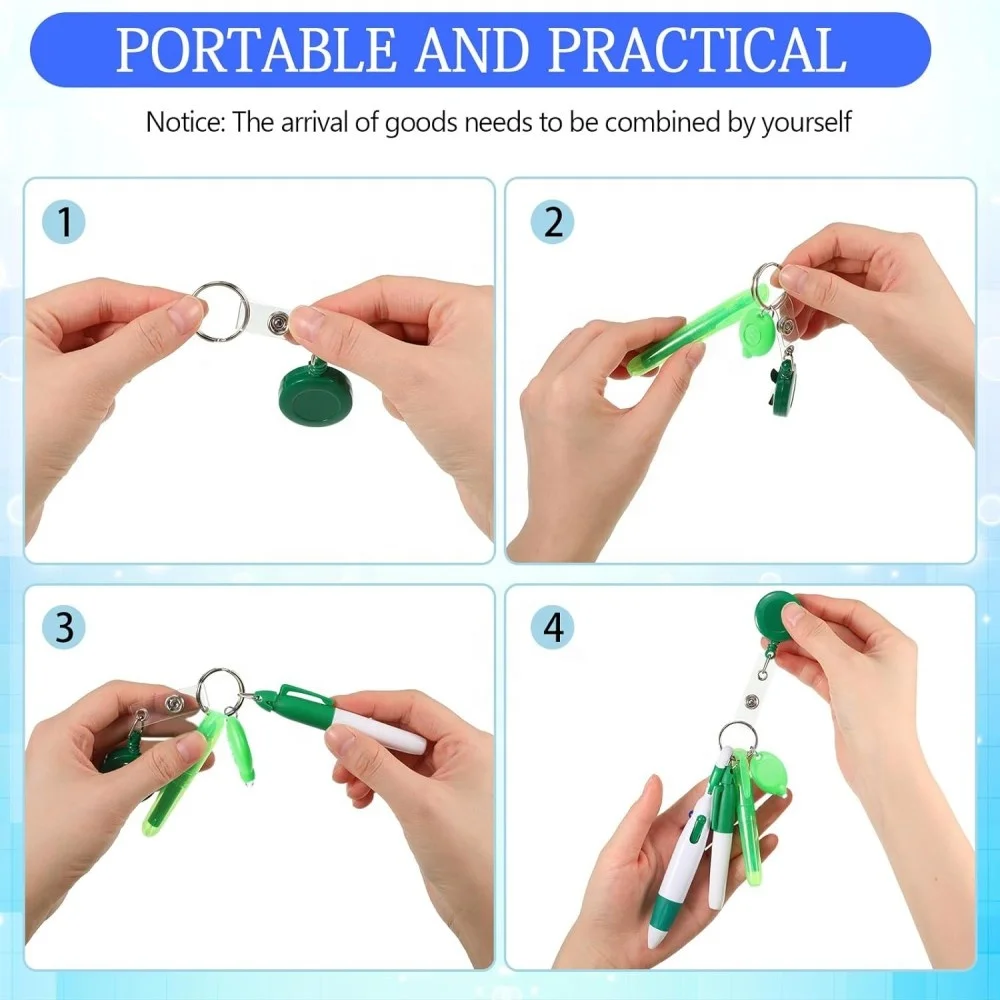 Retractable Shuttle Pen Set Badge Reel Mini Highlighter Neon Marker Pen Key Chain Flashlight Retractable Badge Reel Badge Holder