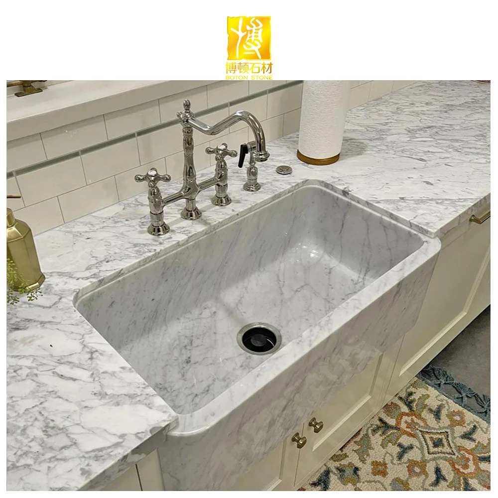 BOTON STONE Natural Stone Modern Customized White Single Bowl Kitchen Rectangular Marble Basin Marbled Sink