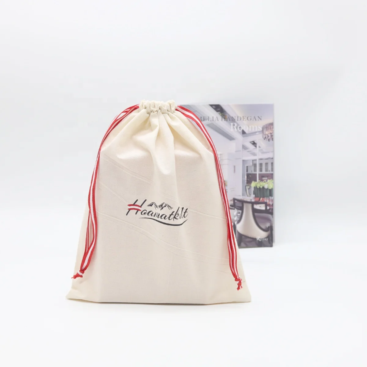 Custom Logo Printed  Grey Fabric Cotton Dust Cloth Shoes Packaging Drawtring Bags Recycled Cotton Shopping Bag