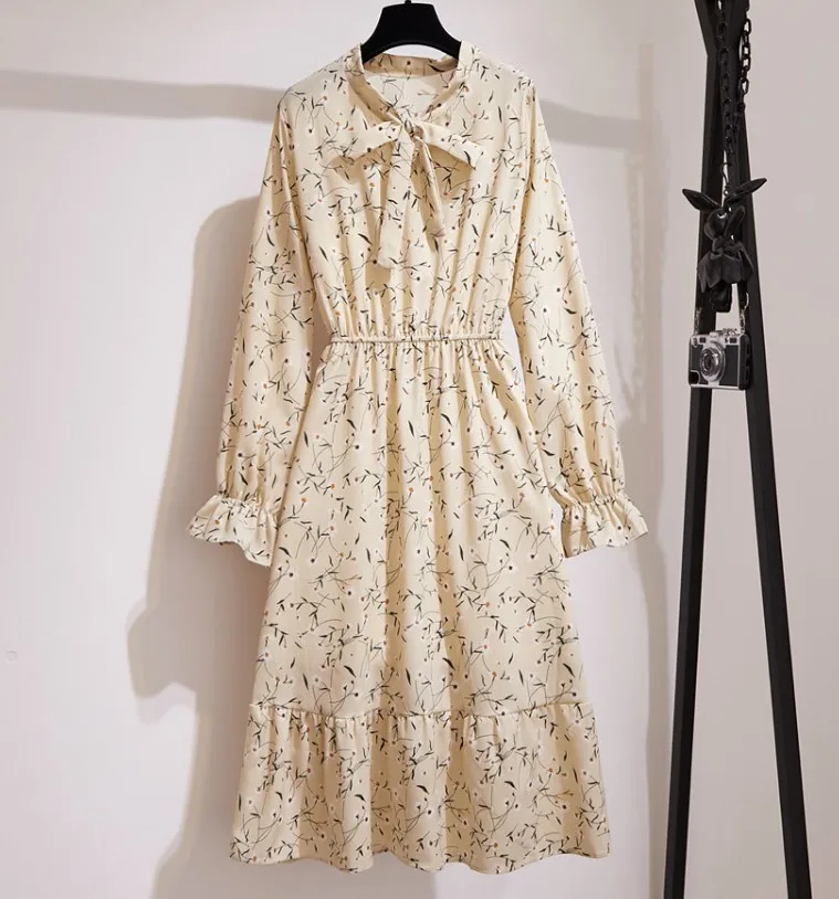 Floral Dress Girls In Stock Chiffon Long Sleeve Bohemian Fitted Waist Pleated Casual Long Dress Wholesale